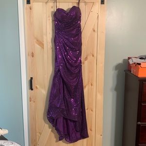 Totally sequence purple, strapless prom dress.